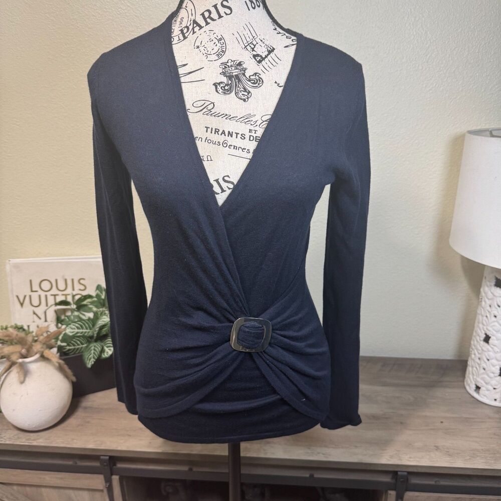 Banana Republic Y2K Navy Blue Faux Wrap Light Sweater Wool/Silk Blend Sz XS - Picture 1 of 8
